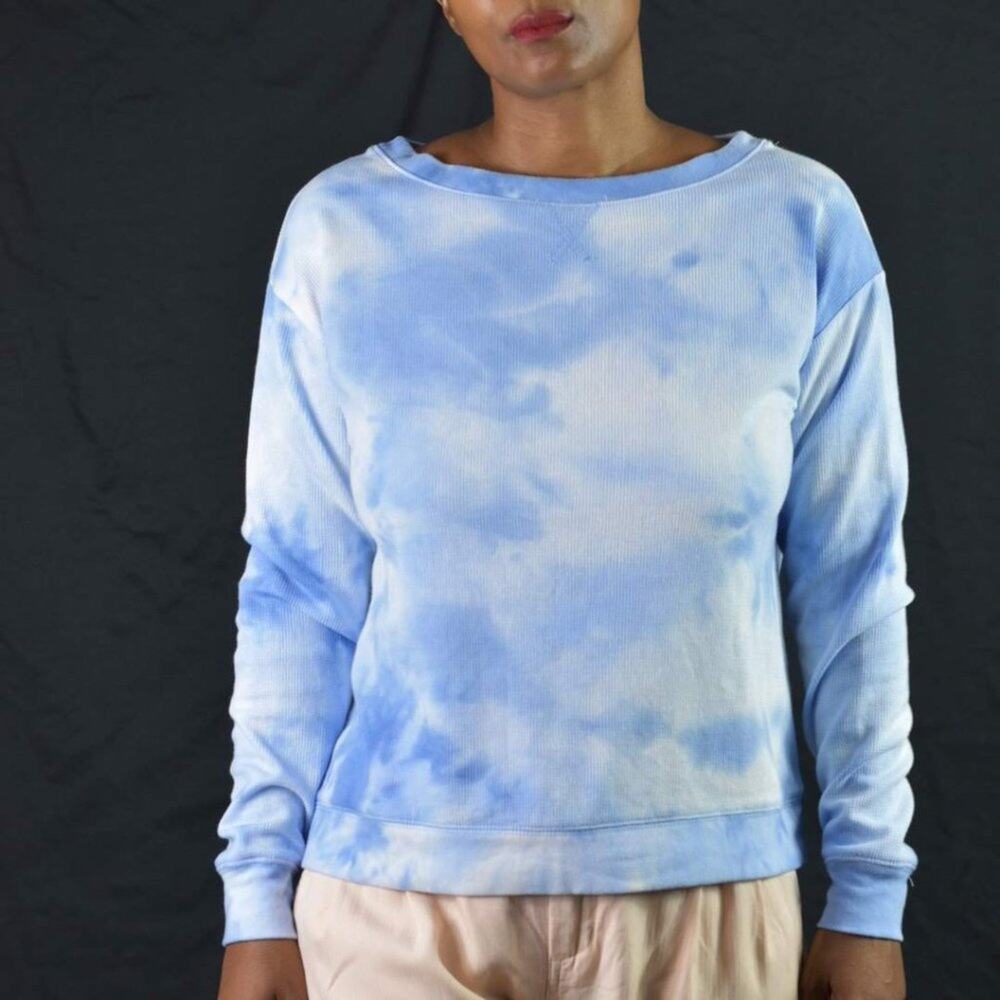 Splendid Waffle Knit Sweatshirt Blue Tie Dye Cloud Crewneck Top Thermal Size XS - Picture 1 of 12